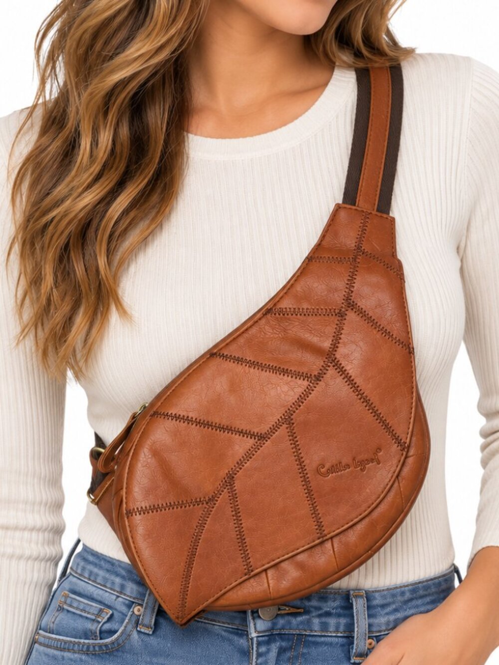 COBBLER LEGEND Leather Sling Bag Brown Leaf Crossbody Shoulder Purse Boho